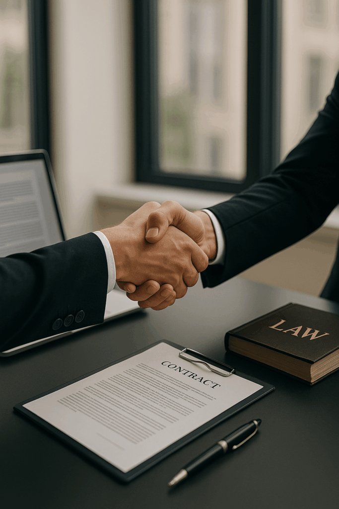 Empresário fecha acordo com aperto de mãos sobre um contrato de assessoria jurídica empresarial.