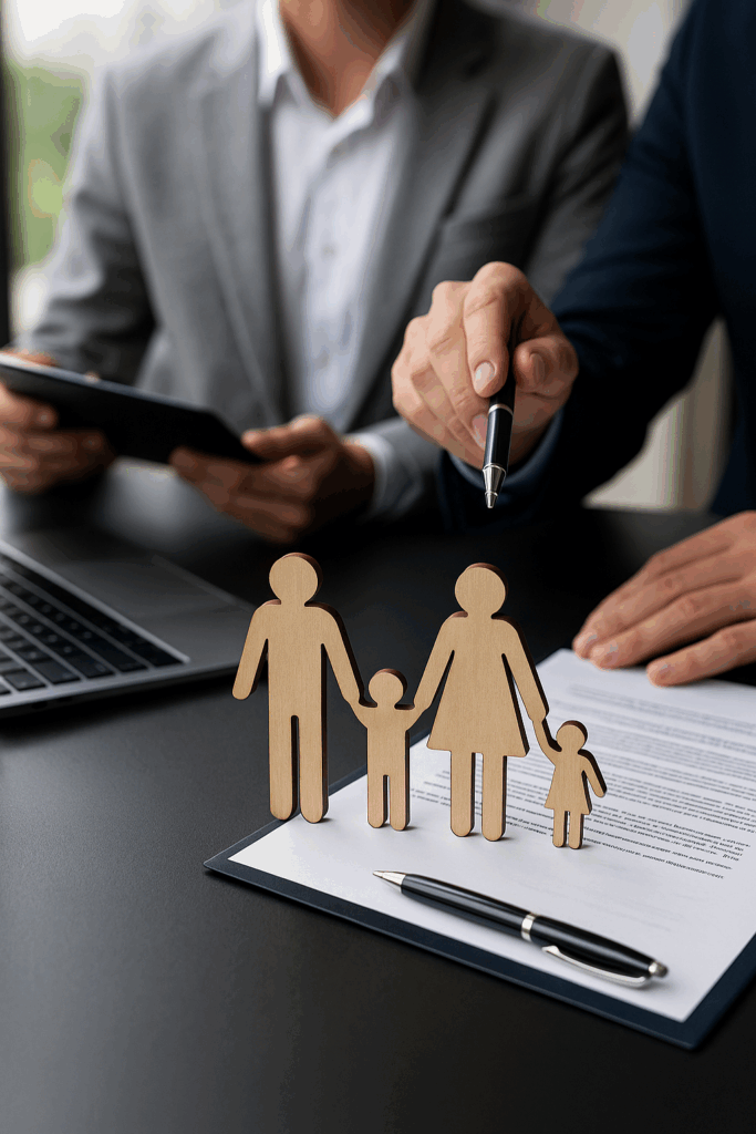 Advogado especialista em direito de família apresentando solução de planejamento sucessório com bonecos representando a família sobre o contrato.