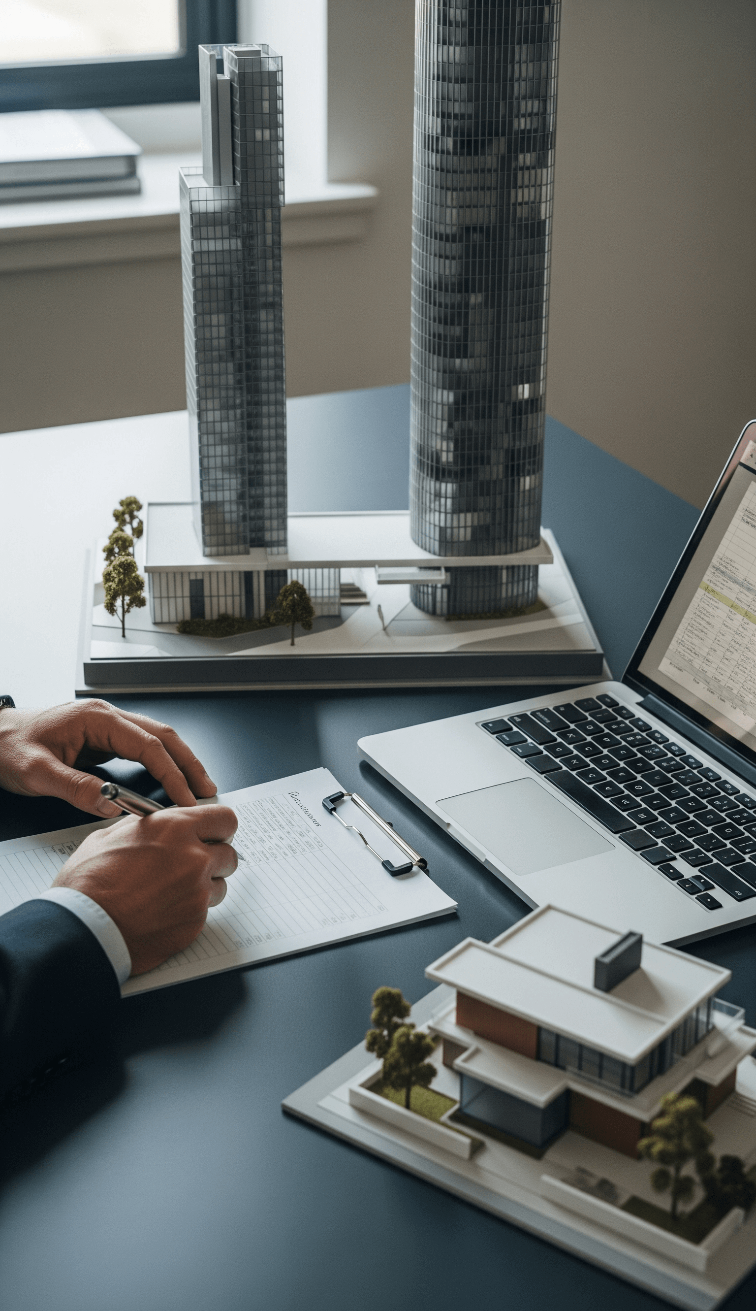 Advogado especialista em direito imobiliário analisa contrato em frente a maquetes de empreendimentos de alto padrão.